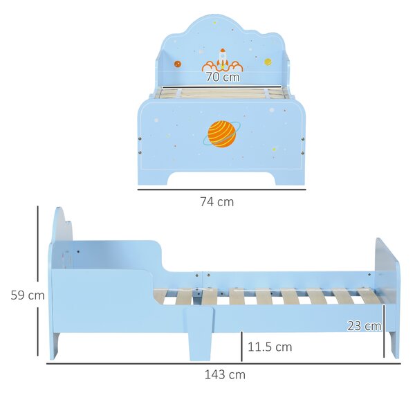 ZONEKIZ Pat pentru Copii cu Decor Spațial, Pătuț pentru Copii cu Vârsta 3-6 Ani, 143x74x59 cm, Albastru Deschis | Aosom Romania
