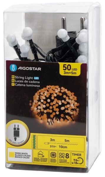 Aigostar - Ghirlandă luminoasă LED de exterior pentru Crăciun, 50 LED, 8 funcții, 8 m, IP44, alb cald