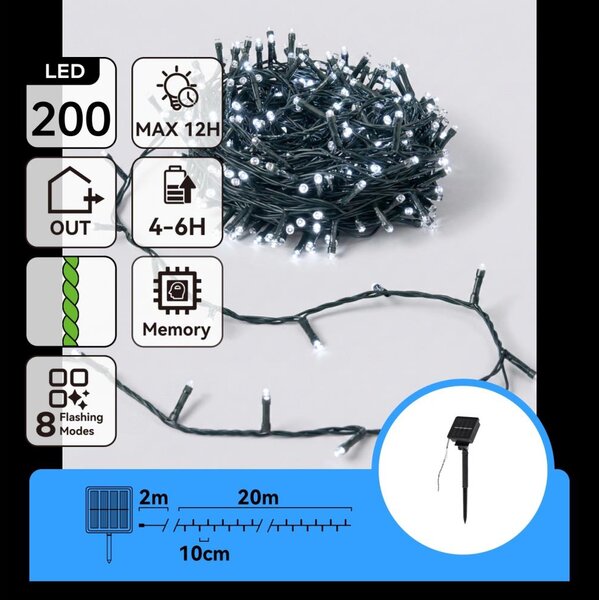 Aigostar - Ghirlandă luminoasă solară LED pentru Crăciun 200 LED/8 funcții, 22 m, IP65, alb rece, 800 mAh
