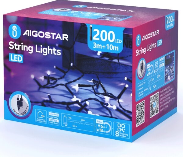 Instalație LED de Crăciun de exterior Aigostar 200xLED/8 funcții 13m IP44 alb rece