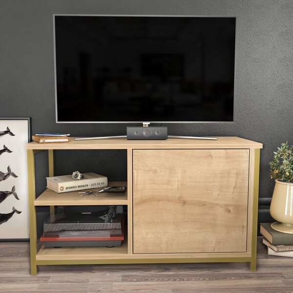 Comoda TV Muskegon, auriu/stejar, PAL/metal, 90x35x51 cm