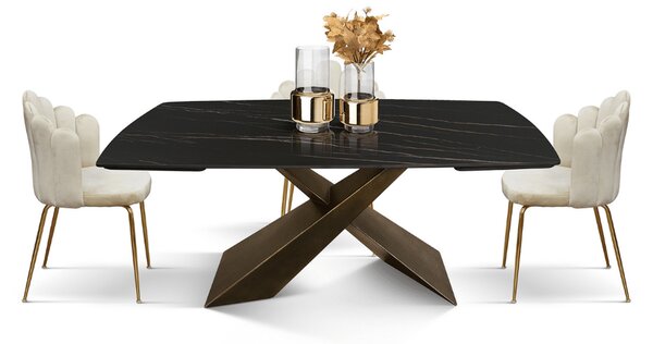 MIRABELLE-MASA BLAT ROTUNJIT CERAMICA NEGRU CU AURIU MAT EXTENSIBILA -PICIOR METALIC BRONZ - 160 cm / 90 cm / h 77