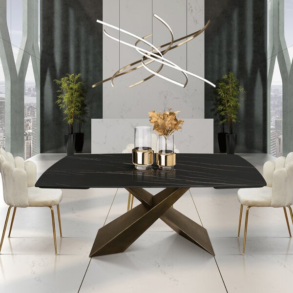 MIRABELLE-MASA BLAT ROTUNJIT CERAMICA NEGRU CU AURIU MAT EXTENSIBILA -PICIOR METALIC BRONZ - 160 cm / 90 cm / h 77