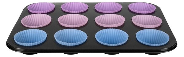 Set tava copt si 12 forme pentru briose, tava teflon, forme silicon, strat antiaderent