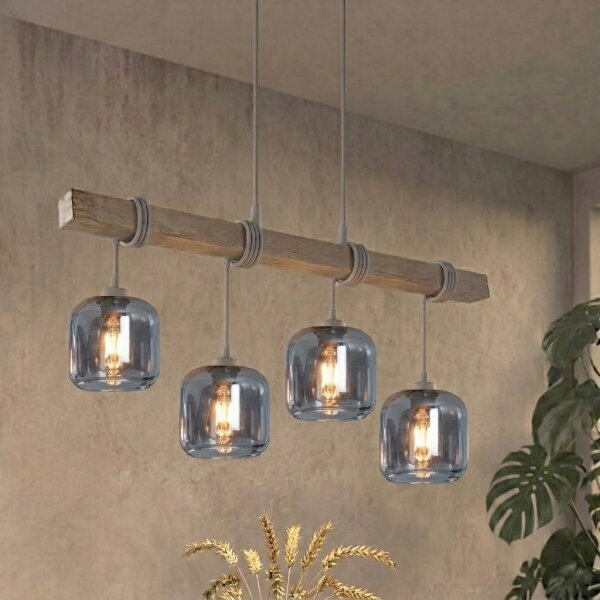 Brilagi - Lustră suspendată pe cablu WOOD GLASS 4xE27/60W/230V pin/gri/gri fumuriu