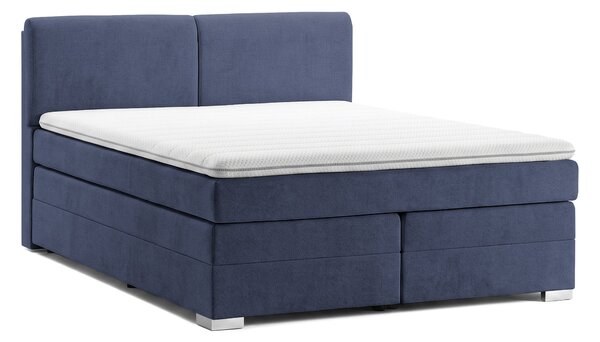 Pat Boxspring Charlotte, cu ladă de depozitare, saltea și topper incluse, Albastru-Inchis-Enjoy / 140x200