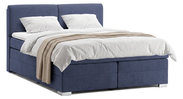 Pat Boxspring Charlotte, cu ladă de depozitare, saltea și topper incluse, Albastru-Inchis-Enjoy / 140x200