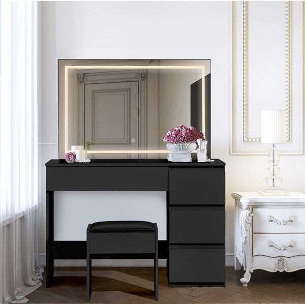 SEN20 - Set Masa toaleta 90 cm, cosmetica machiaj oglinda cu LED, masuta vanity cu taburet - Negru-Lucios