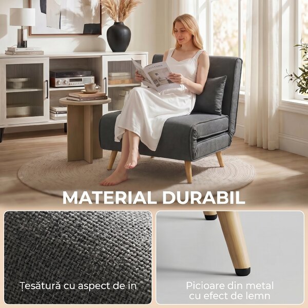 HOMCOM Fotoliu Extensibil 3 în 1 cu Spătar Reglabil pe 3 Niveluri și Pernă, Material Textil cu Aspect de In, Gri | Aosom Romania