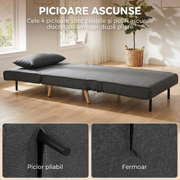 HOMCOM Fotoliu Extensibil 3 în 1 cu Spătar Reglabil pe 3 Niveluri și Pernă, Material Textil cu Aspect de In, Gri | Aosom Romania