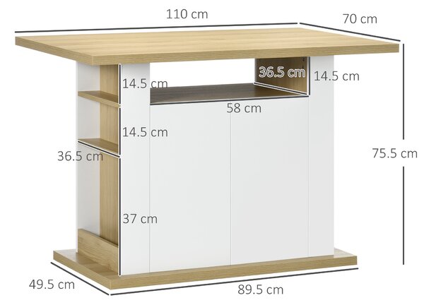 HOMCOM Insulă de Bucătărie pentru 4-6 Persoane, Bufet de Bucătărie cu Dulapuri cu 2 Uși și Rafturi Deschise, 110x70x75.5 cm, Alb