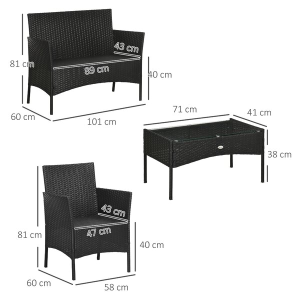 Outsunny Set Mobilier Grădină Ratan 4 Piese, 2 Scaune, Fotoliu 2 Locuri, Măsuță Cafea, Negru Crem | Aosom Romania