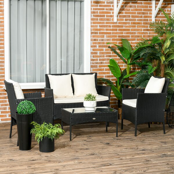 Outsunny Set Mobilier Grădină Ratan 4 Piese, 2 Scaune, Fotoliu 2 Locuri, Măsuță Cafea, Negru Crem | Aosom Romania