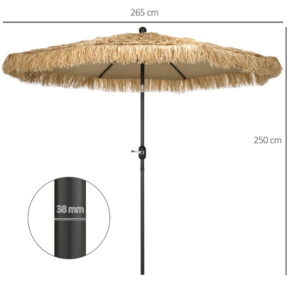 Outsunny Umbrelă de Grădină Stil Hawai cu Paie, Rotundă cu Manivelă, Ø265x250cm, Kaki | Aosom Romania