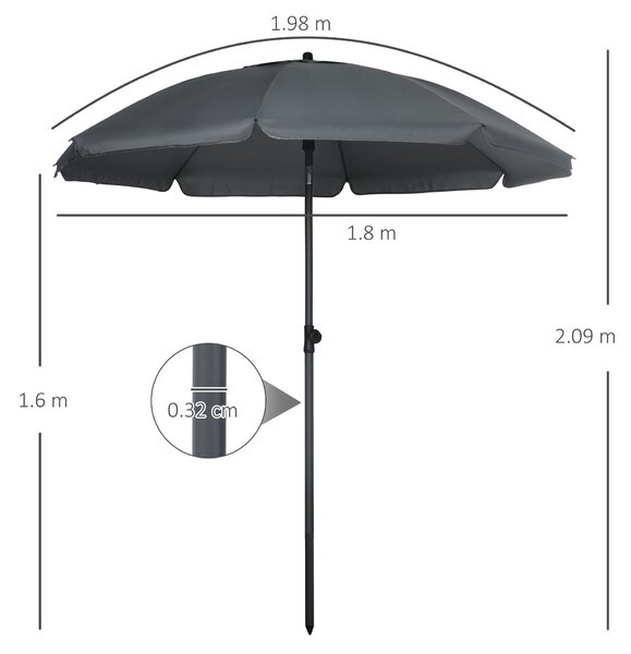 Outsunny Umbrelă de Plajă din Poliester/Oțel, 8 Nervuri, Tetieră Înclinabilă 45°, Gri | Aosom Romania