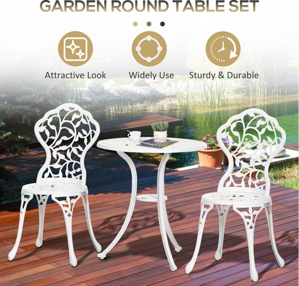 Outsunny Set pentru gradina 3 bucati din aluminiu alb cu design floral, 2 scaune pentru exterior 45x42x85.5 cm si masa rotunda Ø61x66.5 cm | AOSOM RO