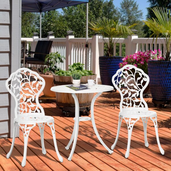 Outsunny Set pentru gradina 3 bucati din aluminiu alb cu design floral, 2 scaune pentru exterior 45x42x85.5 cm si masa rotunda Ø61x66.5 cm | AOSOM RO