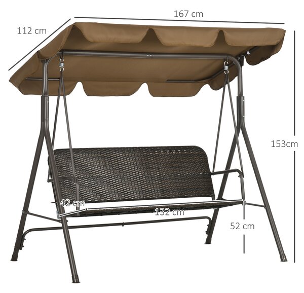 Outsunny Balansoar de gradina cu 3 locuri si acoperis reglabil, balansoar din ratan PE si otel, 167x112x153cm, maro | Aosom Romania