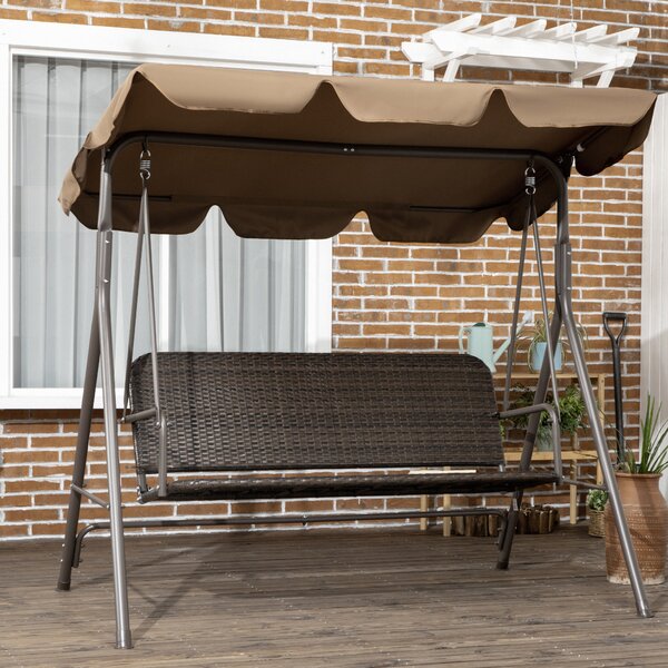 Outsunny Balansoar de gradina cu 3 locuri si acoperis reglabil, balansoar din ratan PE si otel, 167x112x153cm, maro | Aosom Romania