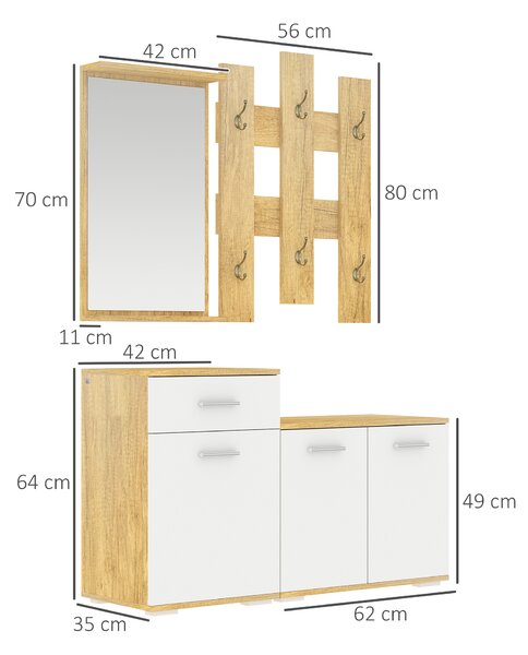 Set pentru Intrare 3 in 1 cu Cuier de Perete HOMCOM, Oglinda si Suport pentru Pantofi cu Banca din Lemn, Culoare Lemn natur si Alb | Aosom Romania
