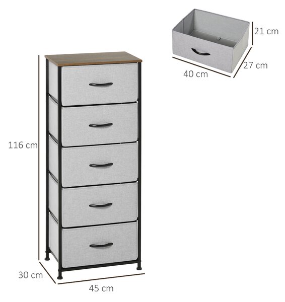 HOMCOM Comodă cu 5 Sertare în Stil Industrial, pentru Dormitor, Sertare Detașabile din Material Textil, 45x30x116 cm | Aosom Romania