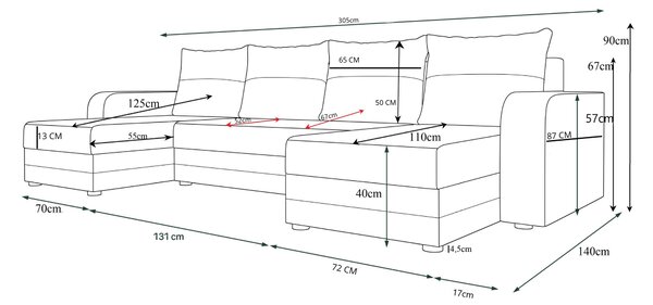 Coltar extensibil in forma de U VALERIO, gri inchis/antracit, 305x140 cm
