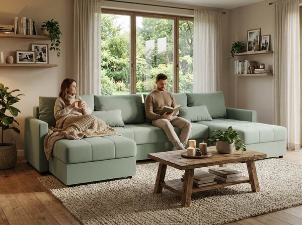 Coltar extensibil in forma de U VENORIA, verde deschis, 285x146 cm + 2 perne GRATUIT