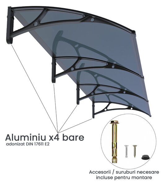 Copertină PRO 360x80 cm din aluminiu și plexiglas – Negru/Antracit