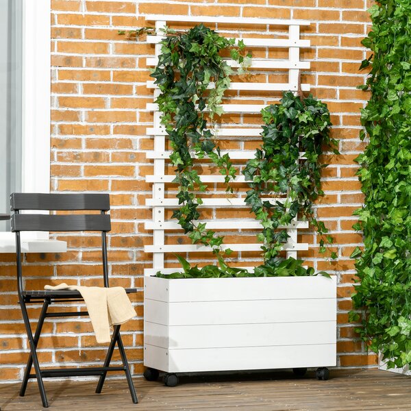 Outsunny Jardinieră Verticală Mobilă cu Suport pentru Plante Cățărătoare, din Lemn de Brad, 4 Roți, 76x30x155 cm, Alb | Aosom Romania