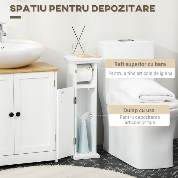Kleankin Dulap Baie cu Suport Hârtie Igienică MDF 21.5x17.8x66.5cm Alb | Aosom Romania