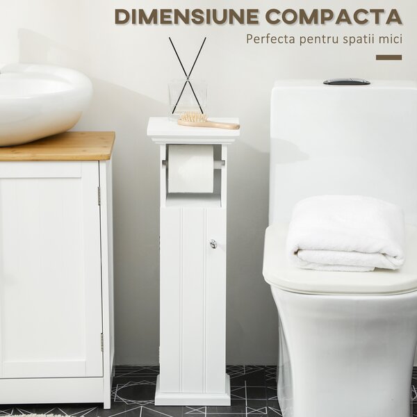 Kleankin Dulap Baie cu Suport Hârtie Igienică MDF 21.5x17.8x66.5cm Alb | Aosom Romania