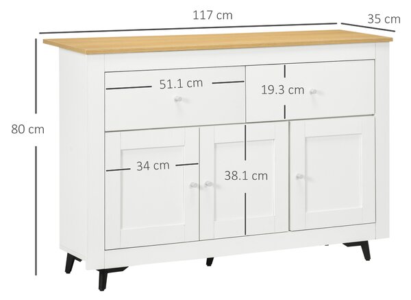 HOMCOM Bufet din lemn cu 2 sertare și 2 dulapuri, 117x35x80 cm, alb și culoare lemn | Aosom Romania