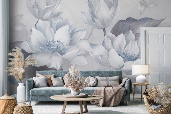 Tapet Flori de lotus cu textură, cu petale delicate, și frunze mari, de un albastru estompat, Imagini de fundal unice, w10027v1 : Uwalls.ro
