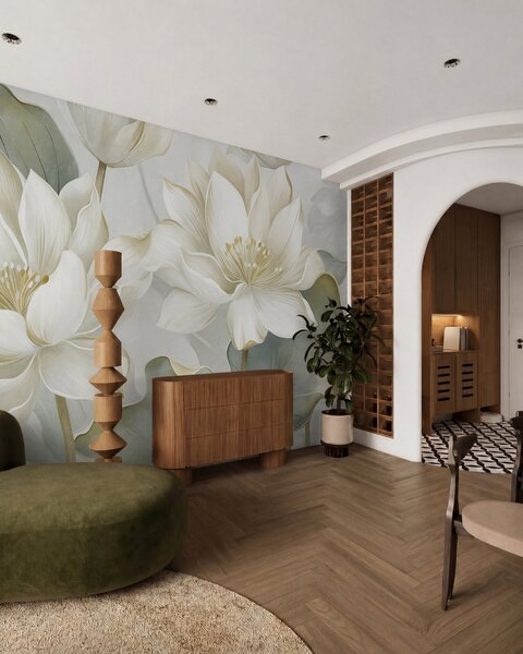 Tapet Flori de lotus cu textură, cu petale delicate și frunze mari, de un verde stins, Imagini de fundal unice, w10027 : Uwalls.ro