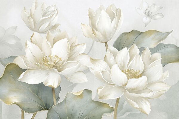 Tapet Flori de lotus cu textură, cu petale delicate și frunze mari, de un verde stins, Imagini de fundal unice, w10027 : Uwalls.ro
