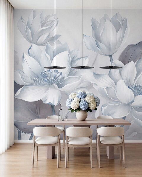 Tapet Flori de lotus cu textură, cu petale delicate, și frunze mari, de un albastru estompat, Imagini de fundal unice, w10027v1 : Uwalls.ro