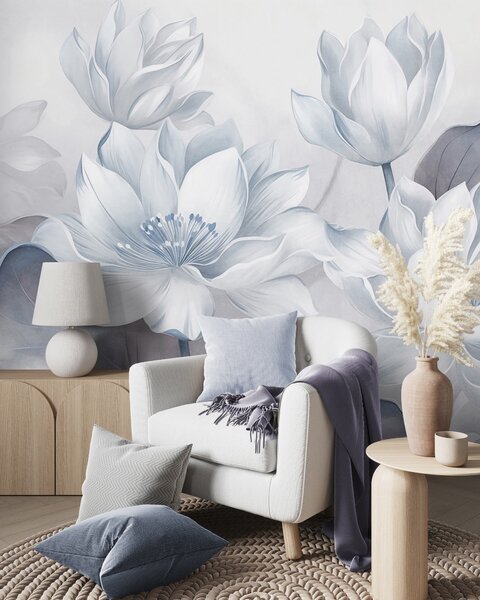 Tapet Flori de lotus cu textură, cu petale delicate, și frunze mari, de un albastru estompat, Imagini de fundal unice, w10027v1 : Uwalls.ro