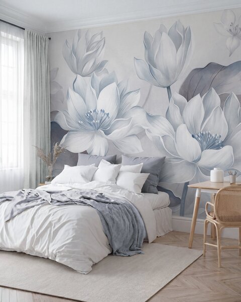 Tapet Flori de lotus cu textură, cu petale delicate, și frunze mari, de un albastru estompat, Imagini de fundal unice, w10027v1 : Uwalls.ro