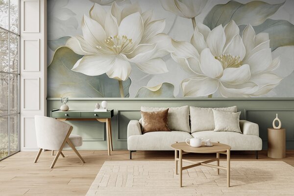 Tapet Flori de lotus cu textură, cu petale delicate și frunze mari, de un verde stins, Imagini de fundal unice, w10027 : Uwalls.ro