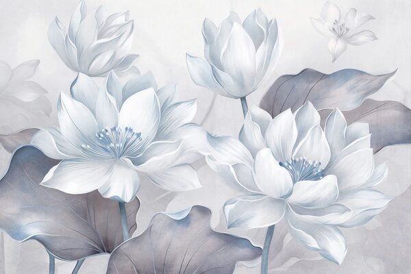Tapet Flori de lotus cu textură, cu petale delicate, și frunze mari, de un albastru estompat, Imagini de fundal unice, w10027v1 : Uwalls.ro