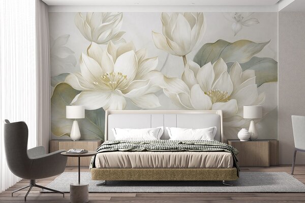 Tapet Flori de lotus cu textură, cu petale delicate și frunze mari, de un verde stins, Imagini de fundal unice, w10027 : Uwalls.ro