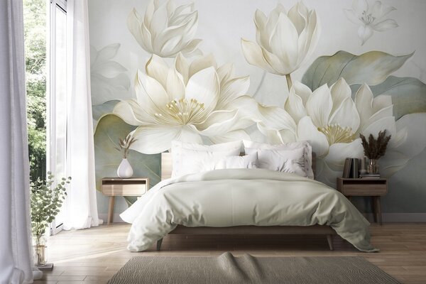 Tapet Flori de lotus cu textură, cu petale delicate și frunze mari, de un verde stins, Imagini de fundal unice, w10027 : Uwalls.ro