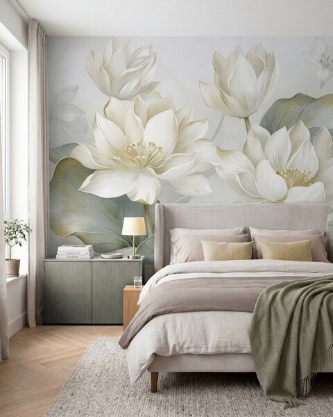 Tapet Flori de lotus cu textură, cu petale delicate și frunze mari, de un verde stins, Imagini de fundal unice, w10027 : Uwalls.ro