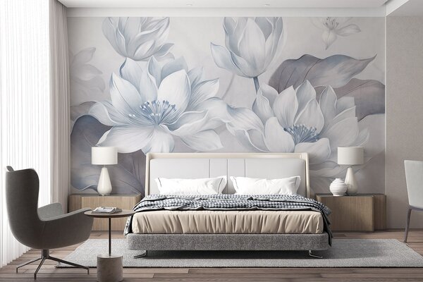 Tapet Flori de lotus cu textură, cu petale delicate, și frunze mari, de un albastru estompat, Imagini de fundal unice, w10027v1 : Uwalls.ro