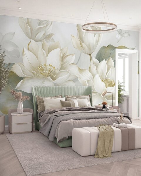 Tapet Flori de lotus cu textură, cu petale delicate și frunze mari, de un verde stins, Imagini de fundal unice, w10027 : Uwalls.ro