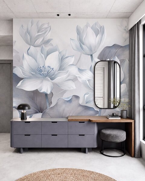 Tapet Flori de lotus cu textură, cu petale delicate, și frunze mari, de un albastru estompat, Imagini de fundal unice, w10027v1 : Uwalls.ro