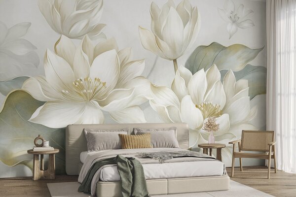 Tapet Flori de lotus cu textură, cu petale delicate și frunze mari, de un verde stins, Imagini de fundal unice, w10027 : Uwalls.ro