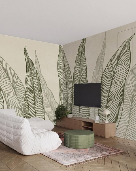 Tapet Frunze verzi stilizate, cu detalii complexe ale liniilor, pe un fundal bej, lucrare artistică cu, Imagini de fundal unice, w10030 : Uwalls.ro