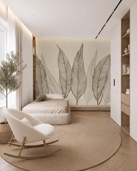 Tapet Frunze maro stilizate, cu detalii complexe realizate prin linii, pe un fundal bej, o lucrare, Imagini de fundal unice, w10030v2 : Uwalls.ro