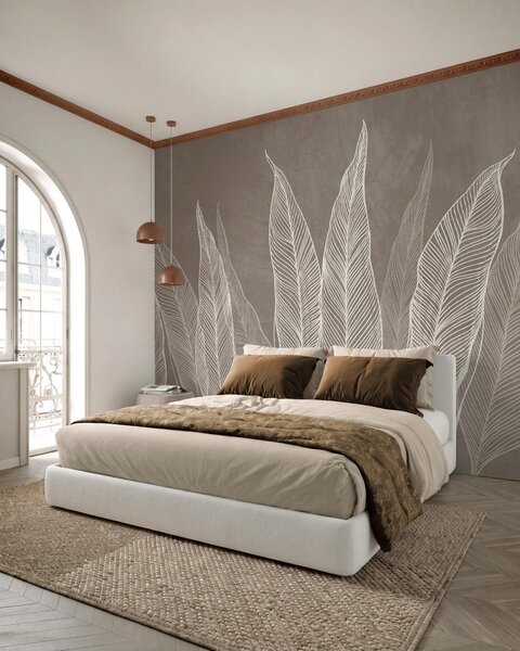 Tapet Frunze albe stilizate, cu detalii complexe ale liniilor, pe un fundal maro, lucrare artistică cu, Imagini de fundal unice, w10030v4 : Uwalls.ro